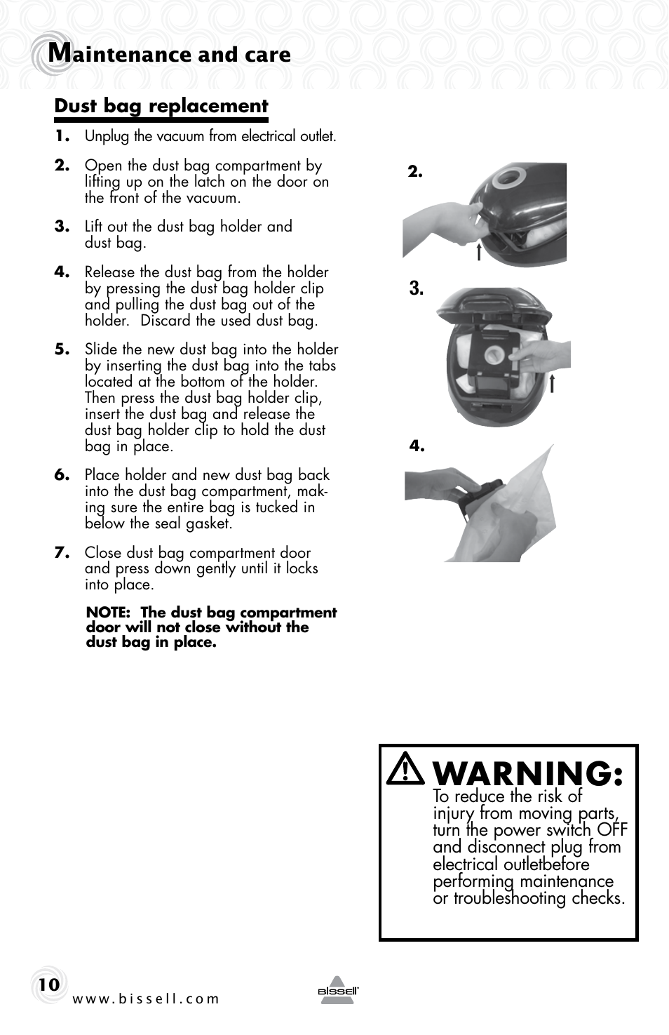 Warning, Aintenance and care | Bissell 59M5E User Manual | Page 10 / 16