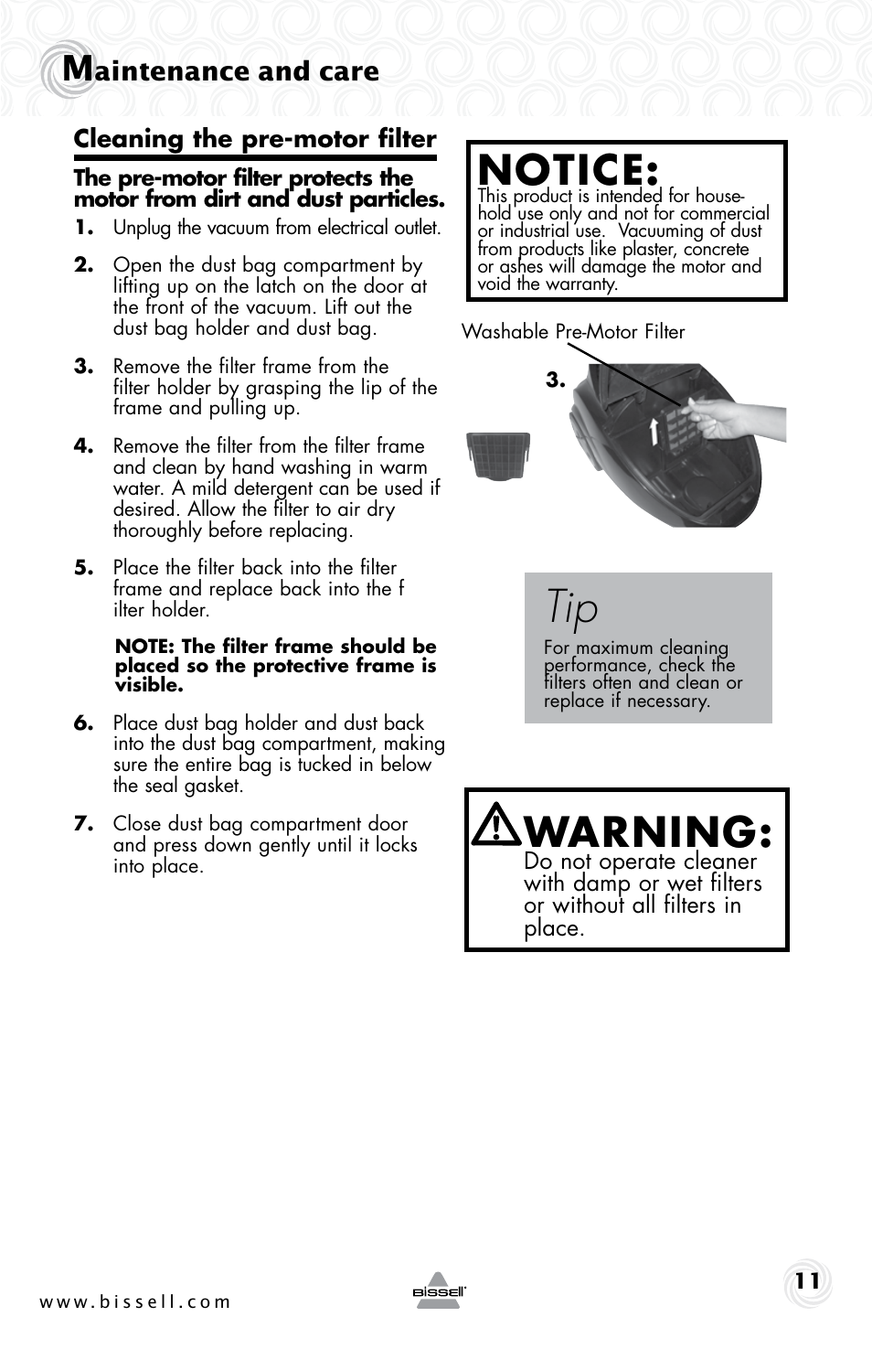 Notice, Warning, Aintenance and care | Bissell 59M5E User Manual | Page 11 / 16