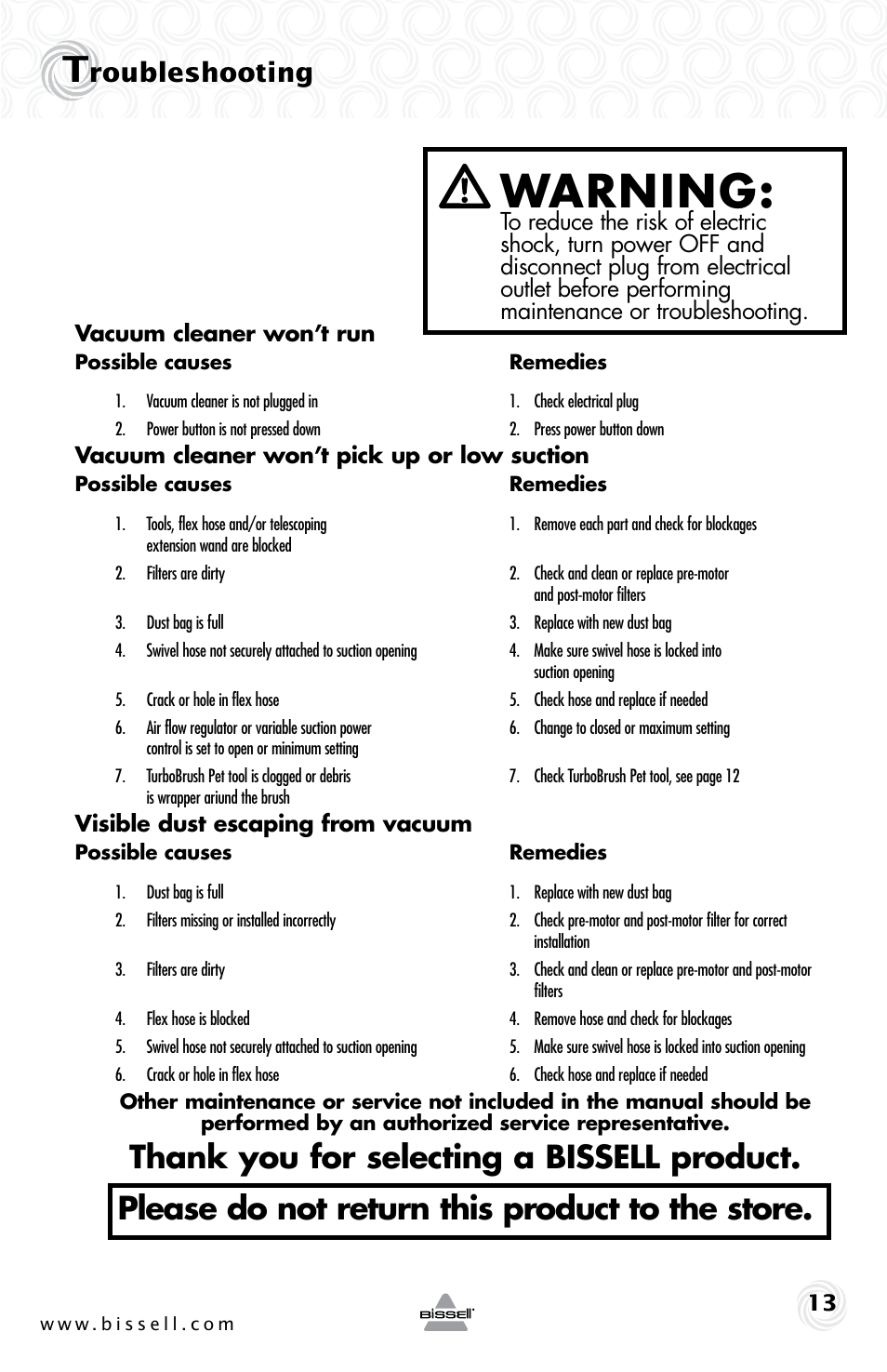 Warning, Roubleshooting | Bissell 59M5E User Manual | Page 13 / 16