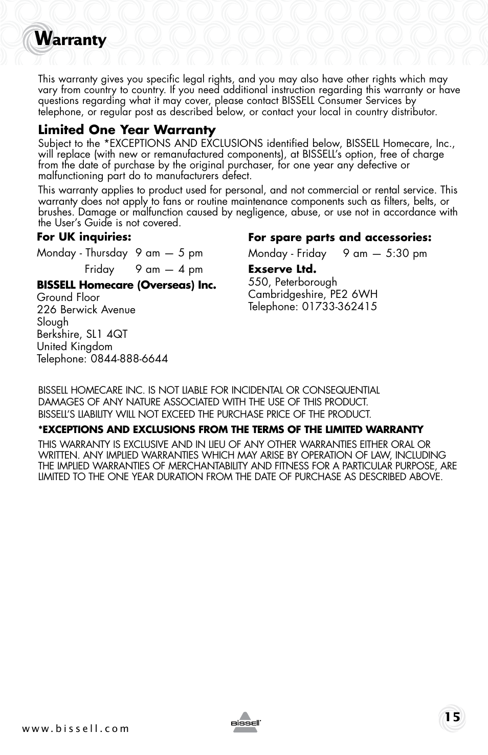 Arranty | Bissell 59M5E User Manual | Page 15 / 16