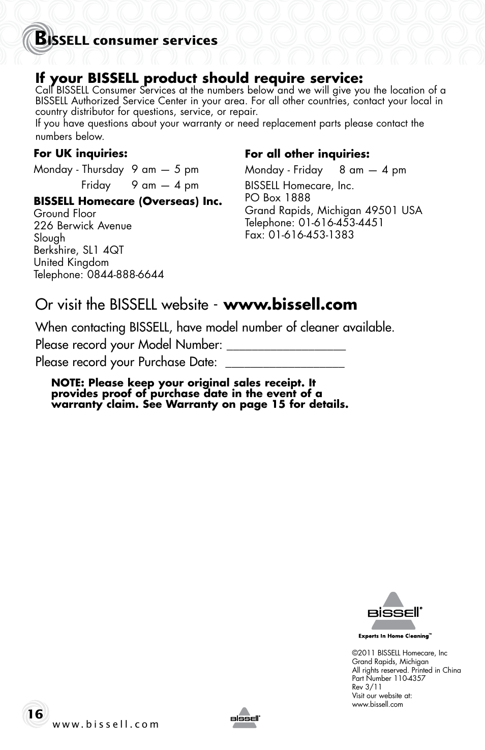 If your bissell product should require service, Issell consumer services | Bissell 59M5E User Manual | Page 16 / 16