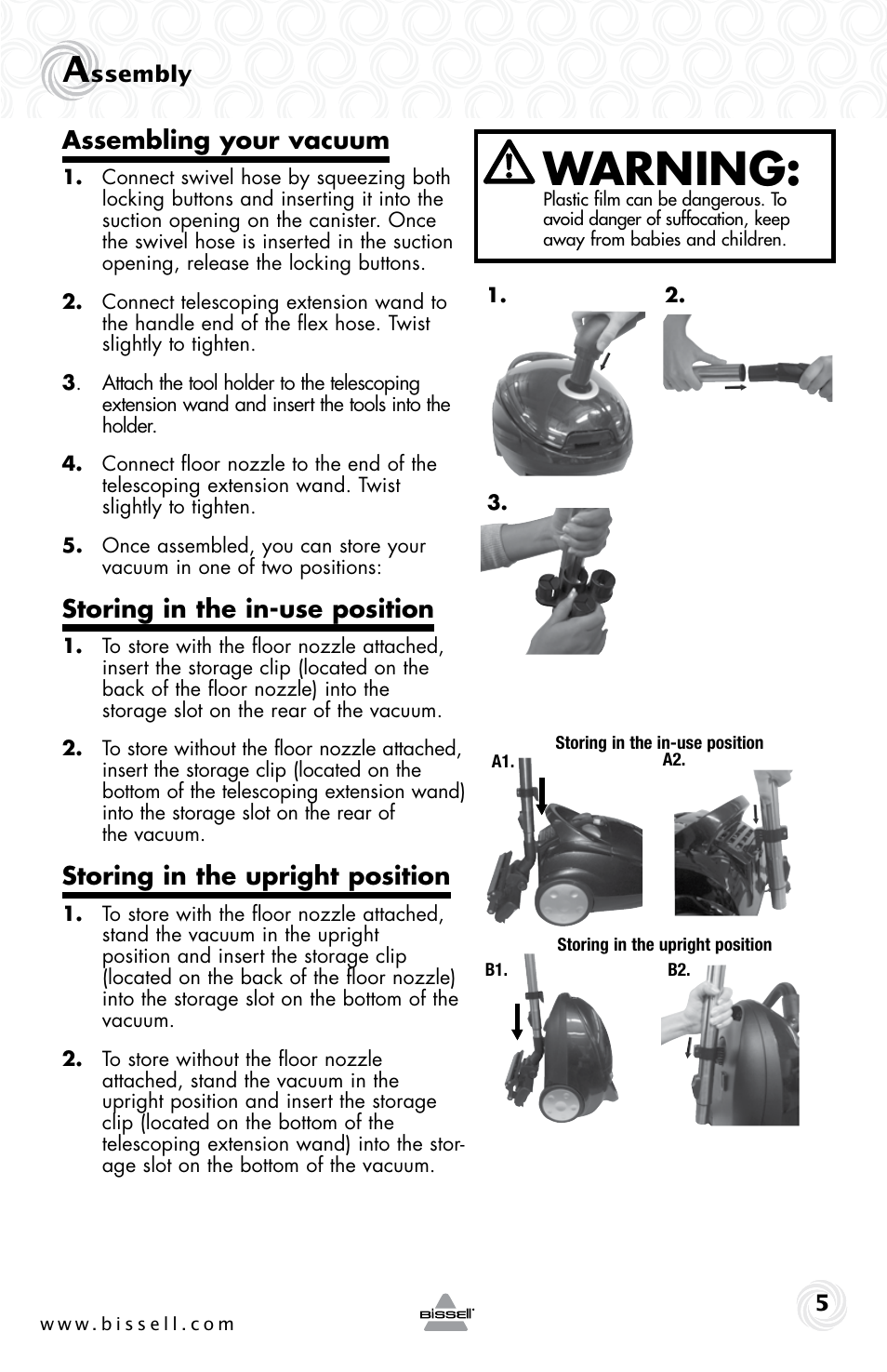 Warning, Assembling your vacuum, Storing in the in-use position | Storing in the upright position | Bissell 59M5E User Manual | Page 5 / 16