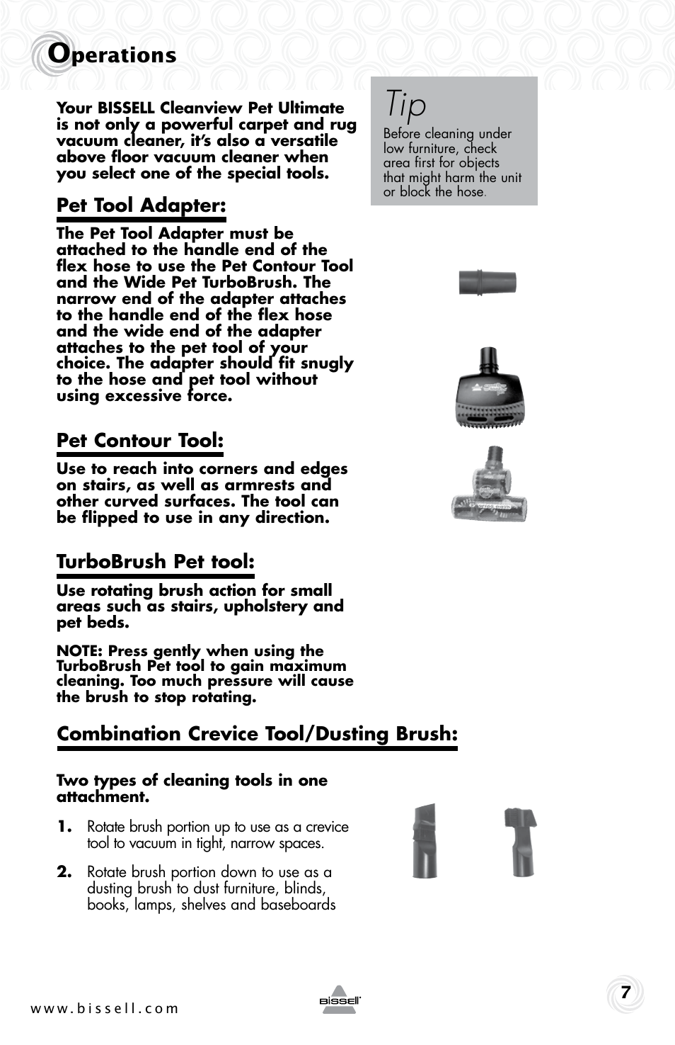 Perations, Pet tool adapter, Pet contour tool | Turbobrush pet tool, Combination crevice tool/dusting brush | Bissell 59M5E User Manual | Page 7 / 16