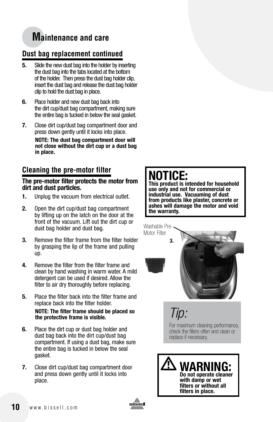 Notice, Warning, Aintenance and care | Bissell 60A4 User Manual | Page 10 / 16