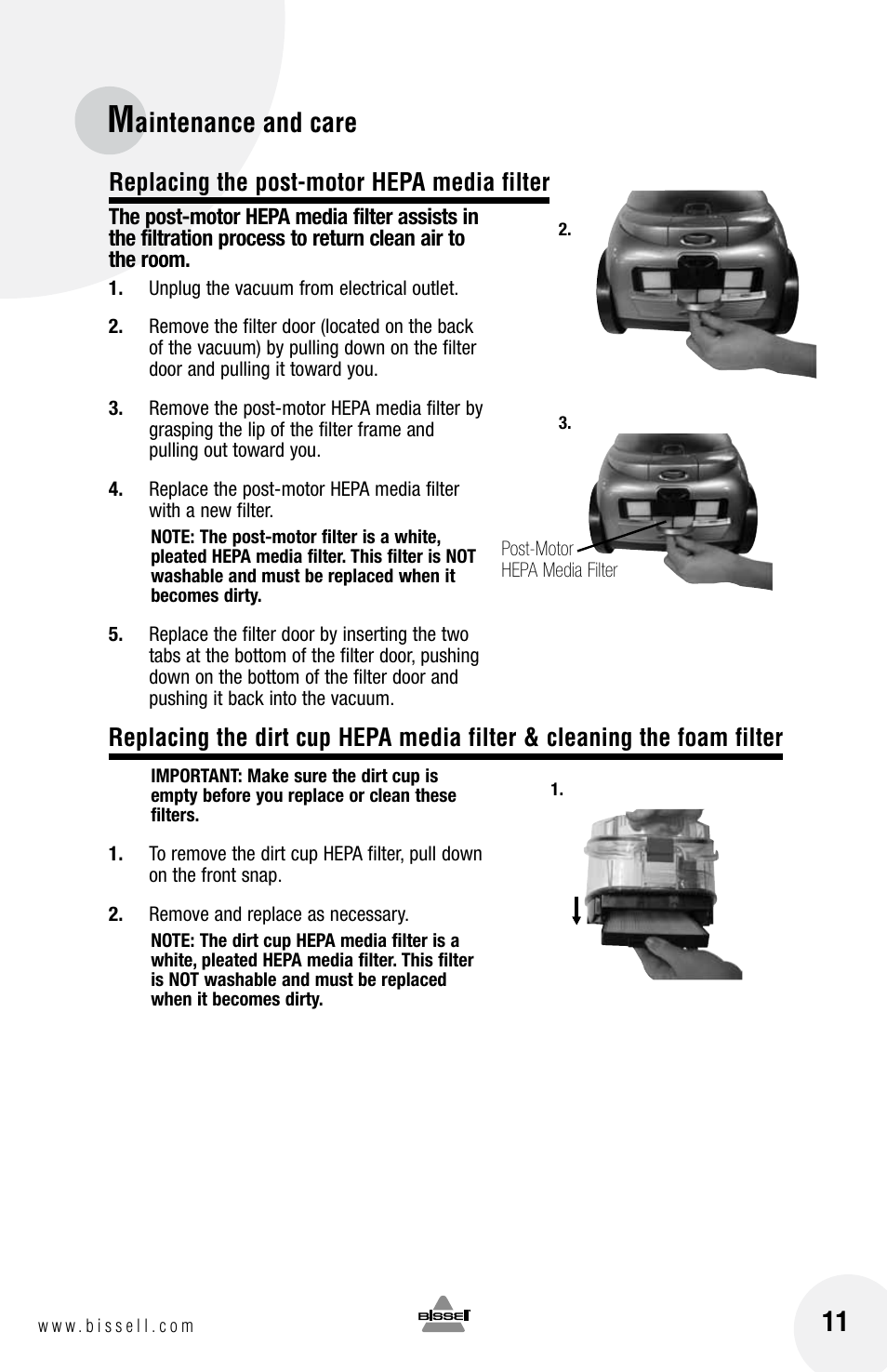Aintenance and care, Replacing the post-motor hepa media filter | Bissell 60A4 User Manual | Page 11 / 16
