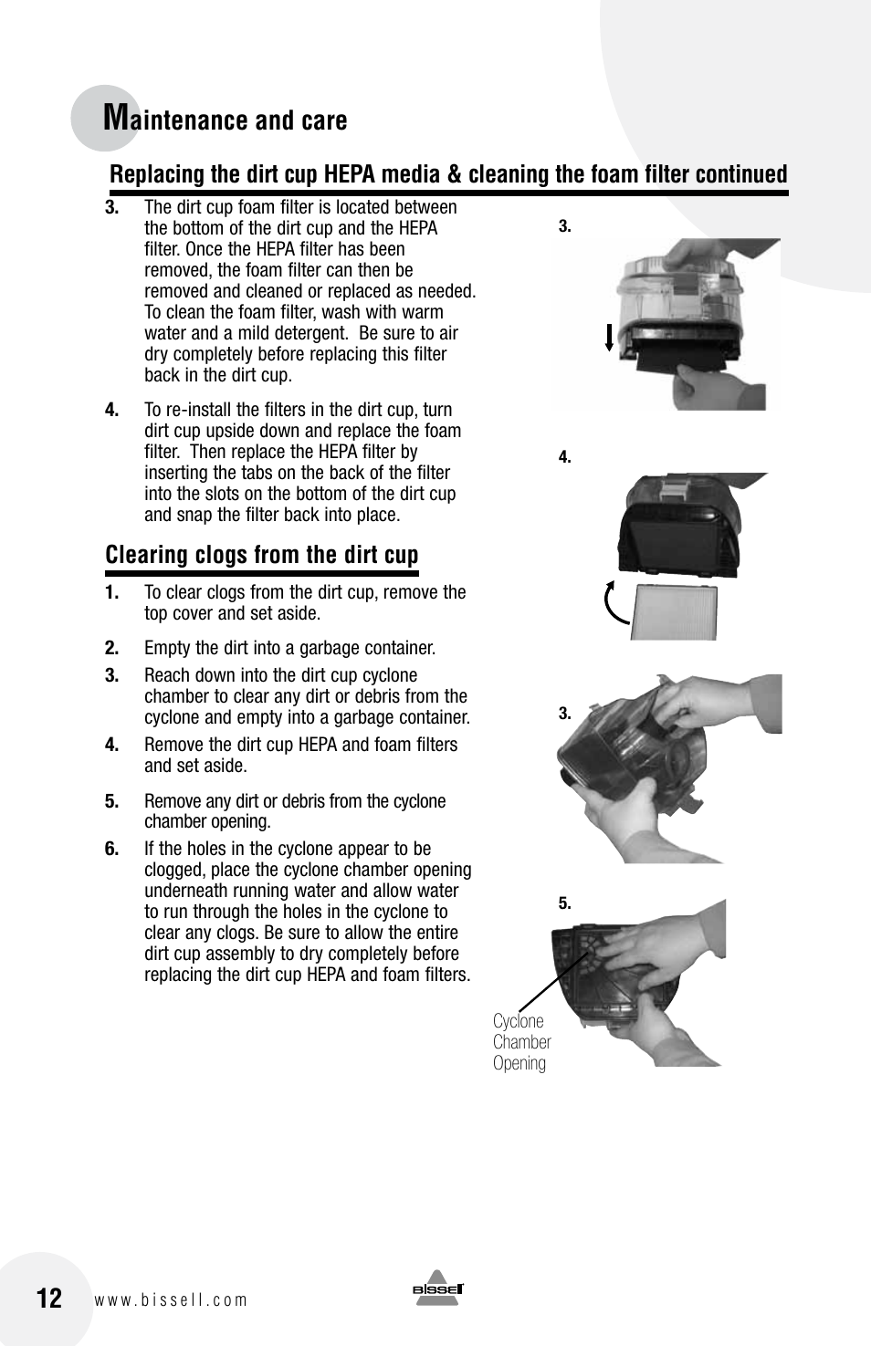 Aintenance and care, Clearing clogs from the dirt cup | Bissell 60A4 User Manual | Page 12 / 16