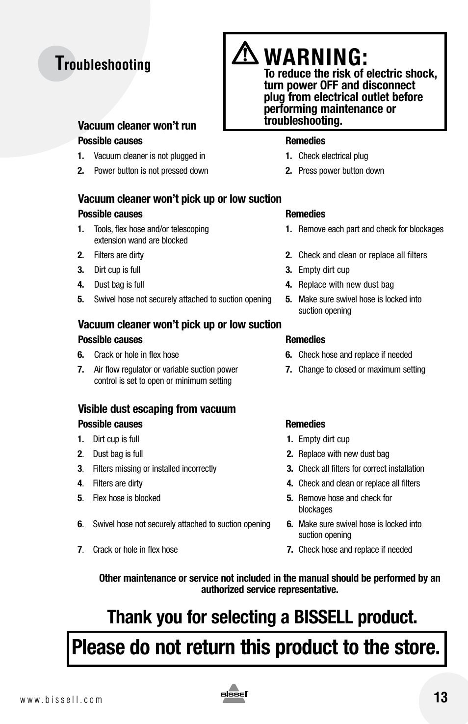 Warning, Please do not return this product to the store, Roubleshooting | Bissell 60A4 User Manual | Page 13 / 16