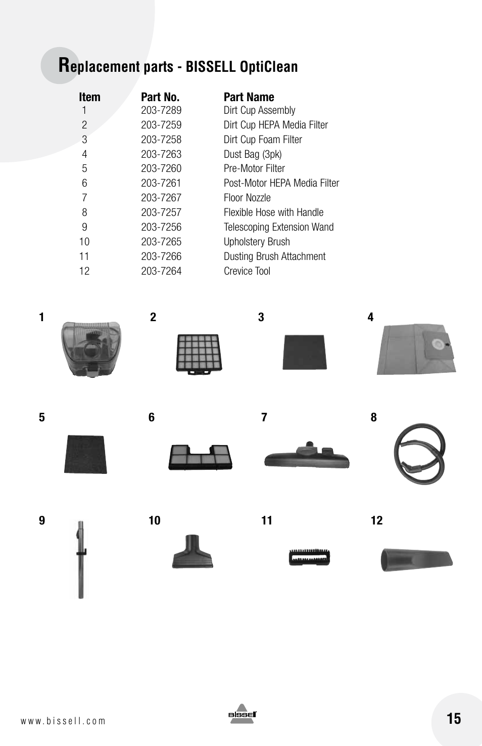 Eplacement parts - bissell opticlean | Bissell 60A4 User Manual | Page 15 / 16
