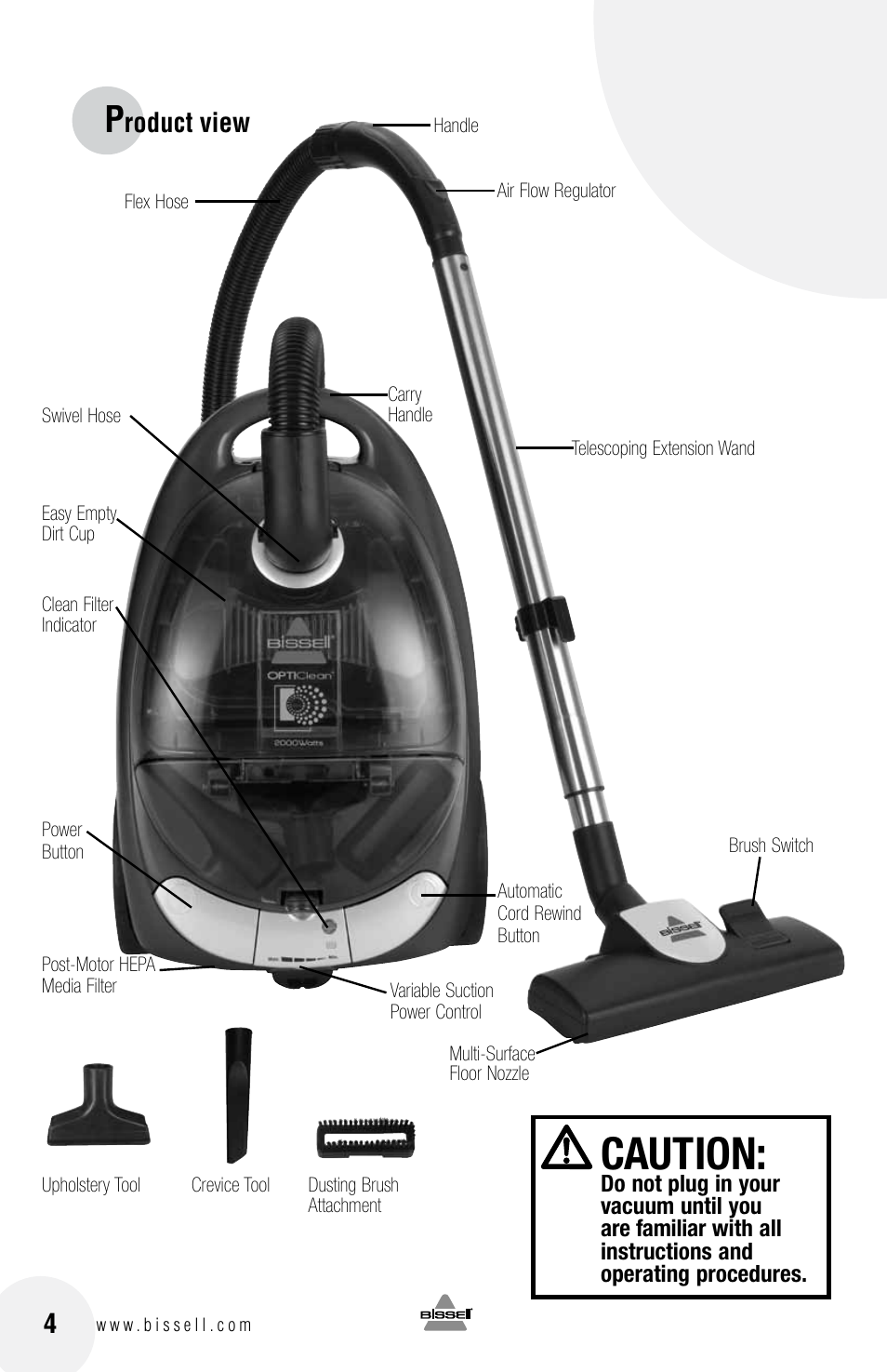 Caution, Roduct view | Bissell 60A4 User Manual | Page 4 / 16