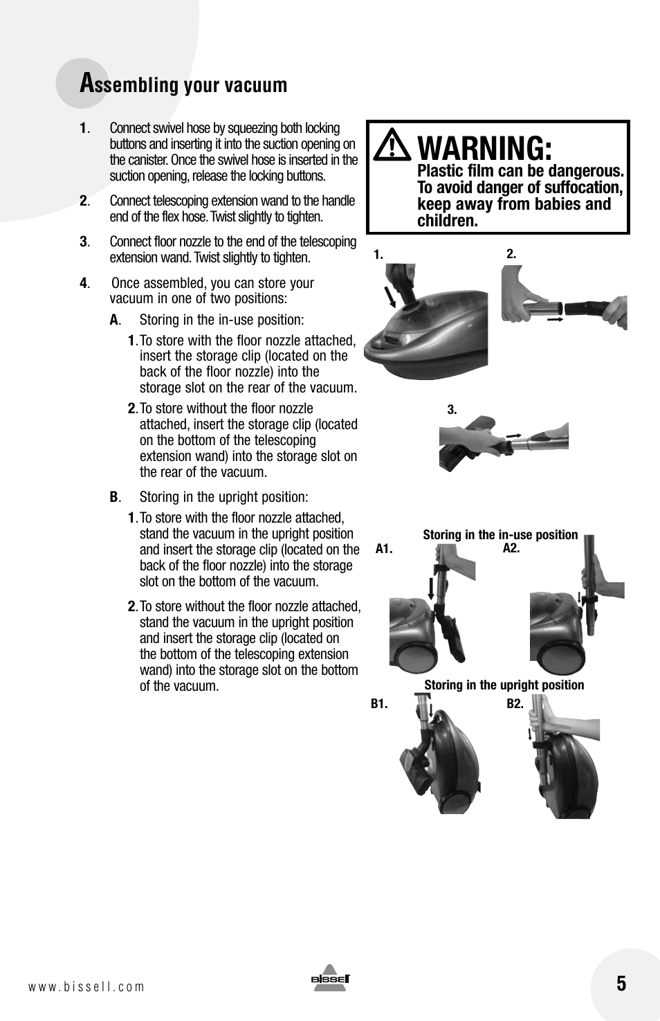 Warning, Ssembling your vacuum | Bissell 60A4 User Manual | Page 5 / 16