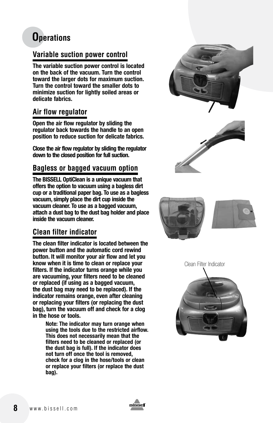 Perations, Variable suction power control, Air flow regulator | Bagless or bagged vacuum option, Clean filter indicator | Bissell 60A4 User Manual | Page 8 / 16