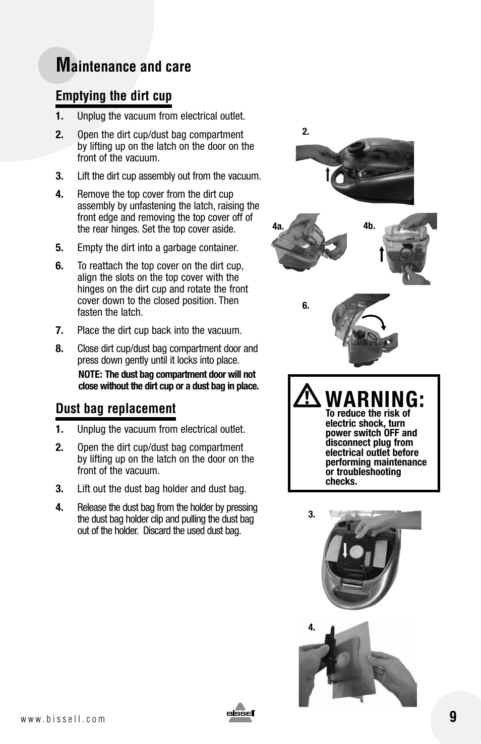 Warning, Aintenance and care, Emptying the dirt cup | Dust bag replacement | Bissell 60A4 User Manual | Page 9 / 16