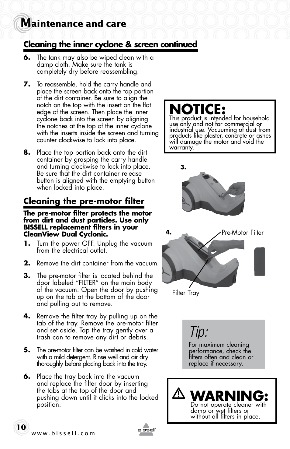 Notice, Warning, Aintenance and care | Bissell 78E9E User Manual | Page 10 / 16
