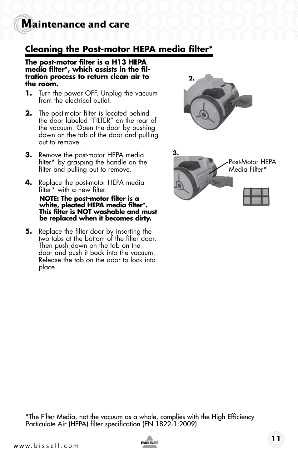 Aintenance and care, Cleaning the post-motor hepa media filter | Bissell 78E9E User Manual | Page 11 / 16