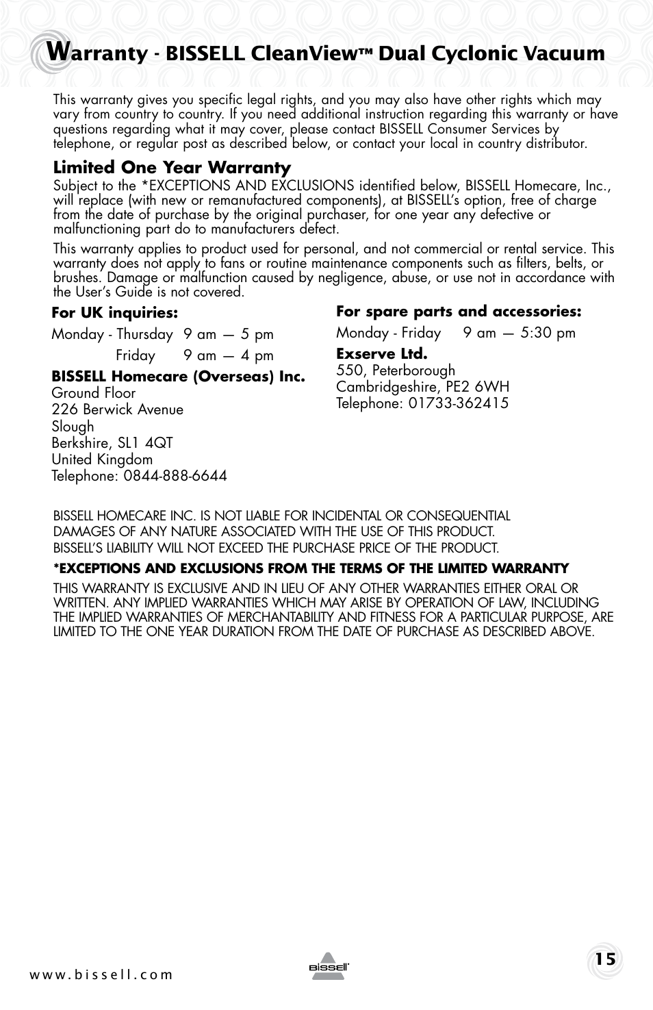 Arranty - bissell cleanview, Dual cyclonic vacuum | Bissell 78E9E User Manual | Page 15 / 16