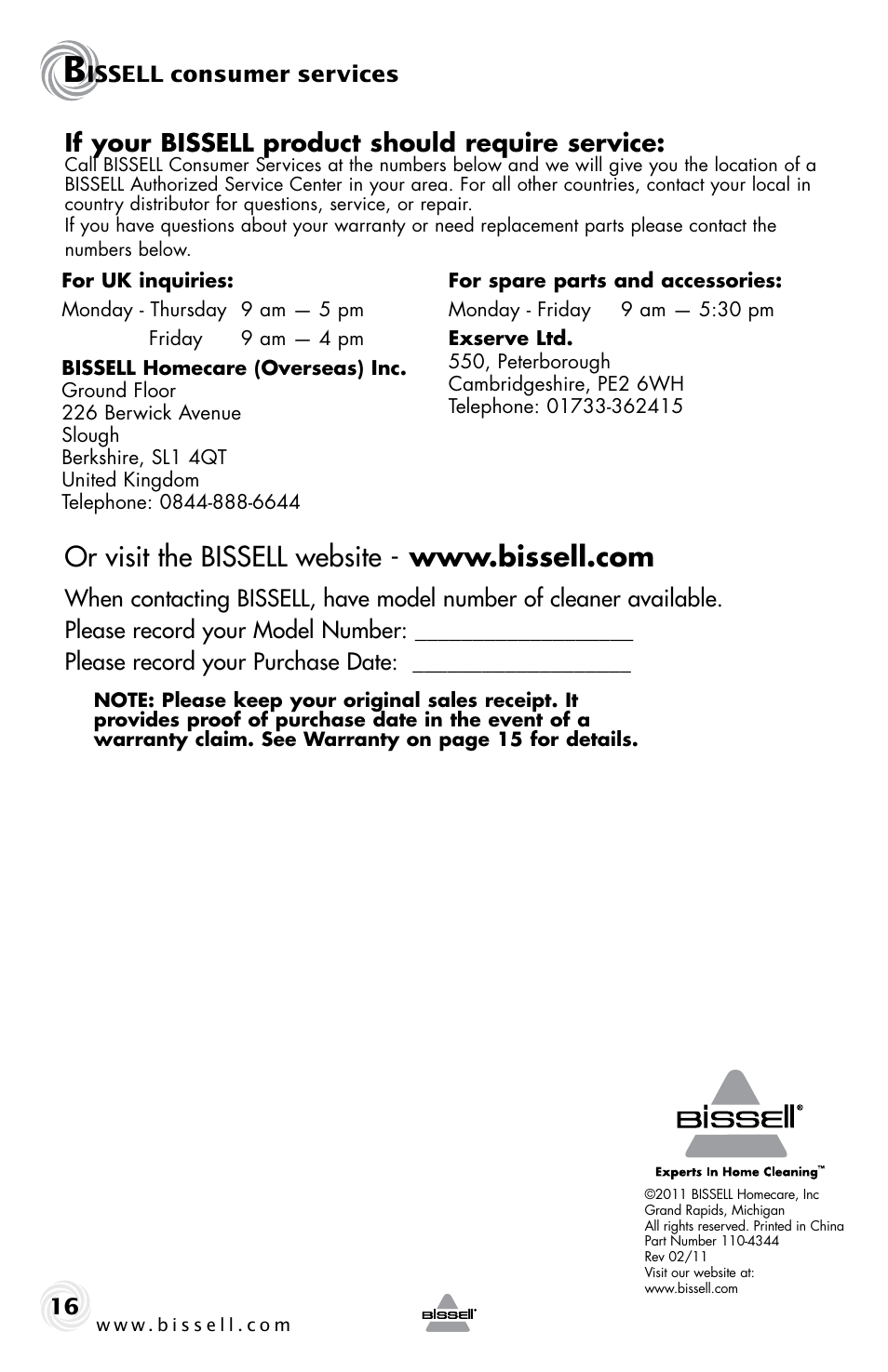 If your bissell product should require service, Issell consumer services | Bissell 78E9E User Manual | Page 16 / 16