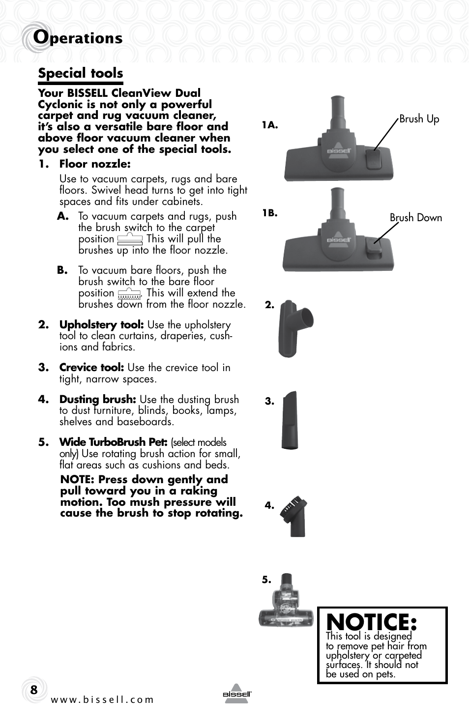 Notice, Perations, Special tools | Bissell 78E9E User Manual | Page 8 / 16