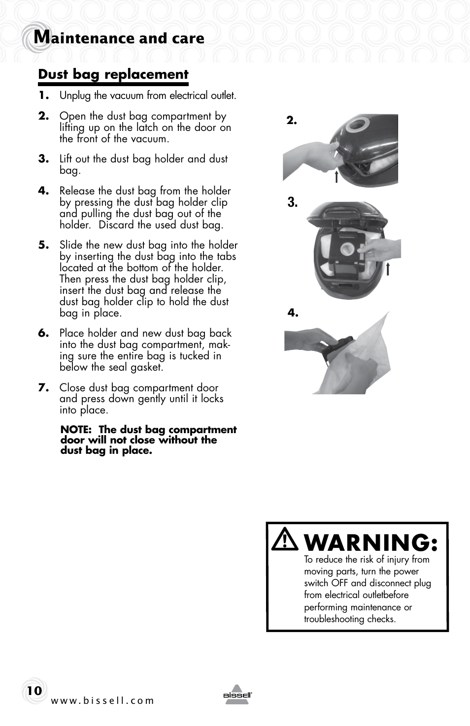 Warning, Aintenance and care, Dust bag replacement | Bissell 81L8E User Manual | Page 10 / 16