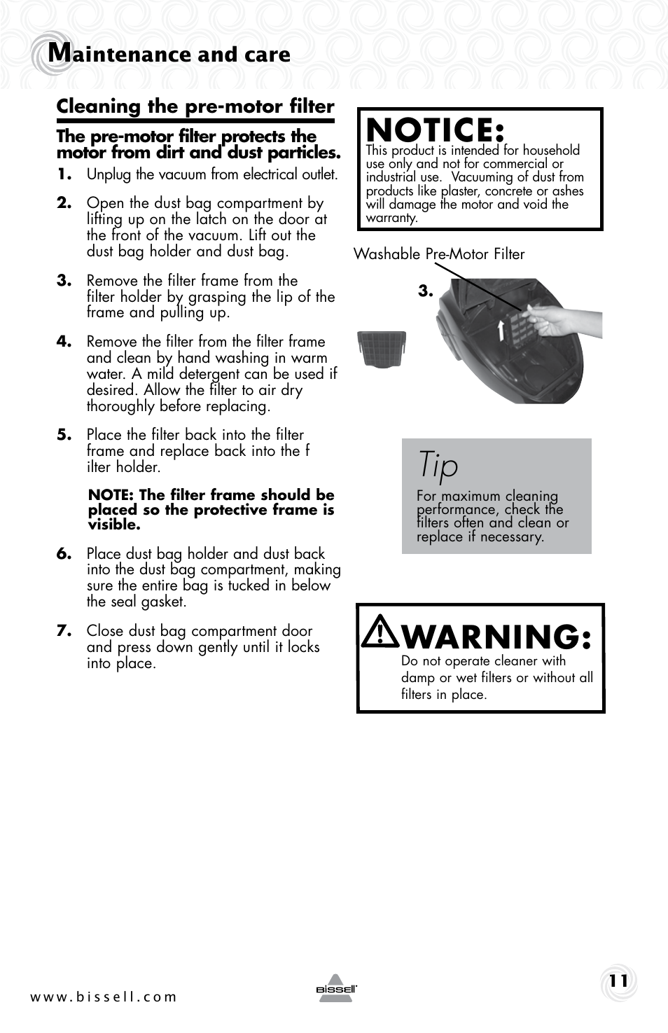 Notice, Warning, Aintenance and care | Bissell 81L8E User Manual | Page 11 / 16