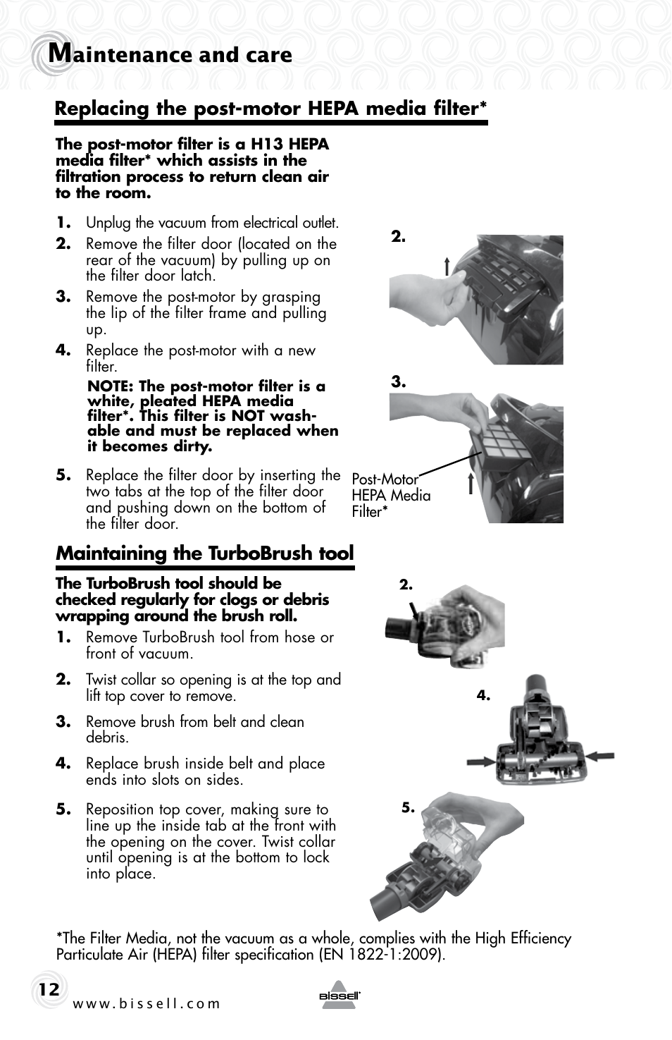 Aintenance and care, Replacing the post-motor hepa media filter, Maintaining the turbobrush tool | Bissell 81L8E User Manual | Page 12 / 16