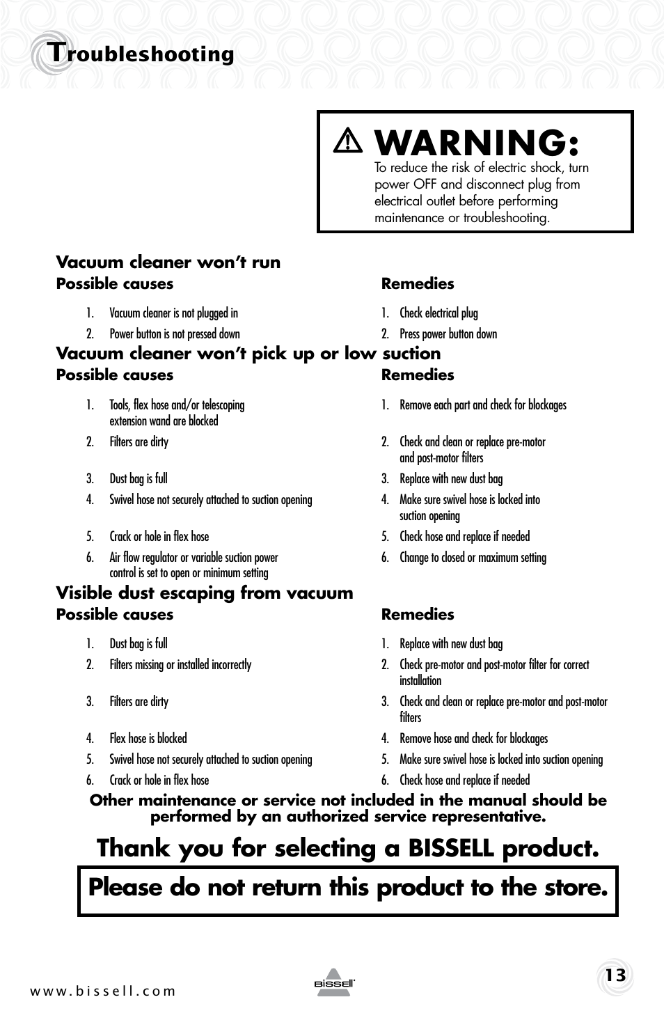 Warning, Roubleshooting | Bissell 81L8E User Manual | Page 13 / 16