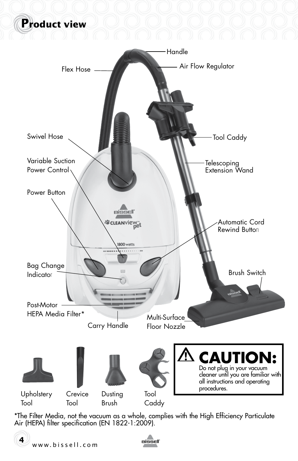 Caution, Roduct view | Bissell 81L8E User Manual | Page 4 / 16