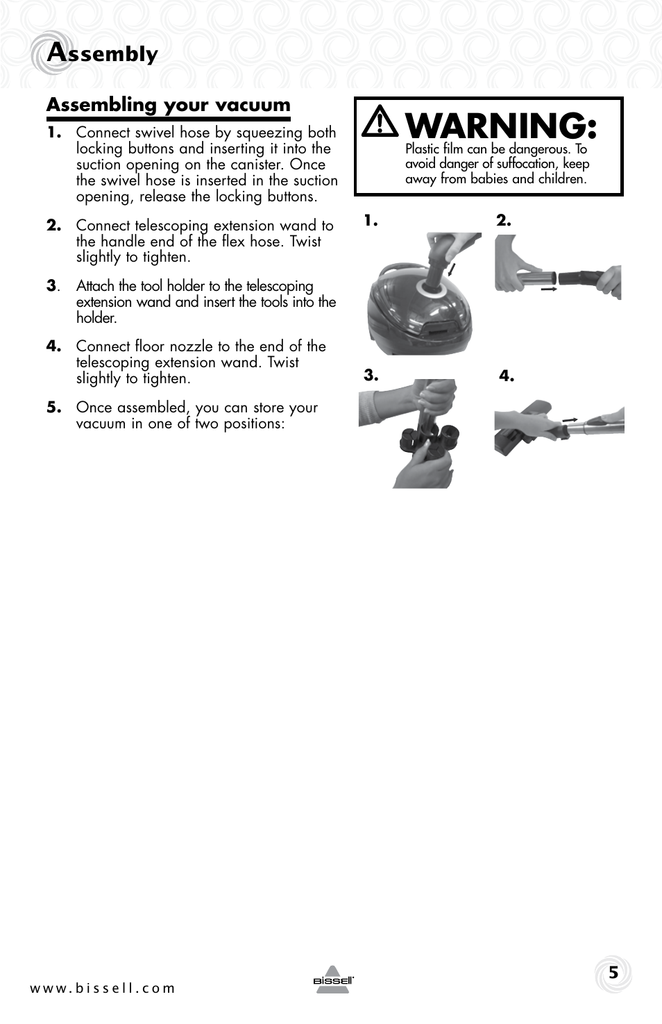 Warning, Ssembly | Bissell 81L8E User Manual | Page 5 / 16