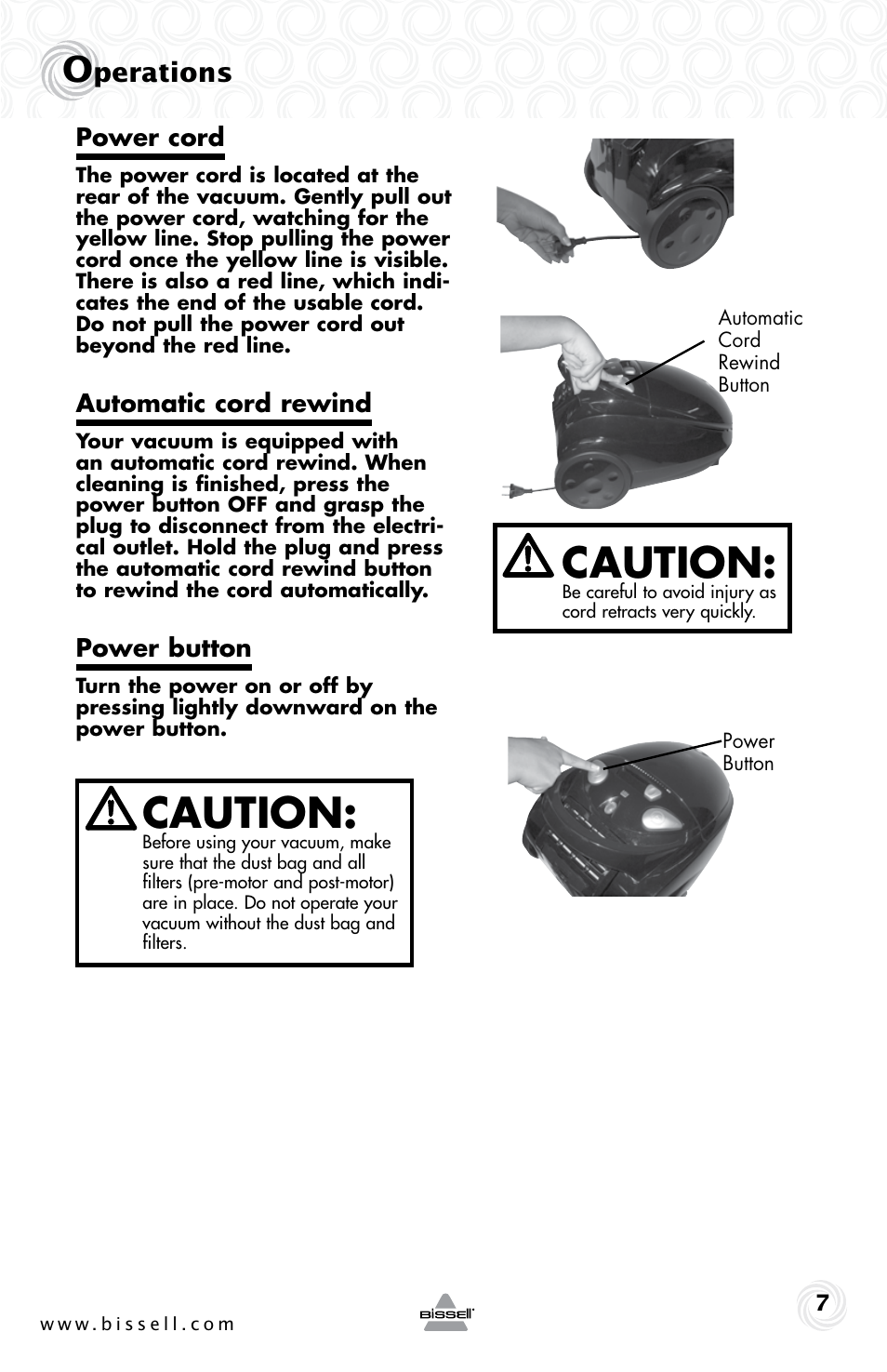 Caution, Perations | Bissell 81L8E User Manual | Page 7 / 16