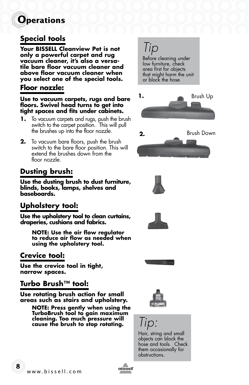 Perations, Special tools, Floor nozzle | Dusting brush, Upholstery tool, Crevice tool, Turbo brush™ tool | Bissell 81L8E User Manual | Page 8 / 16