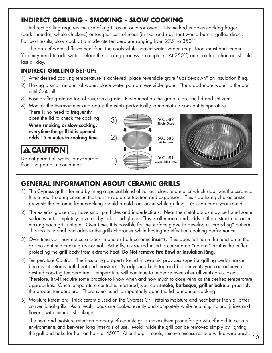 Caution, General information about ceramic grills, Indirect grilling - smoking - slow cooking | Bayou Classic 500-535 User Manual | Page 11 / 12