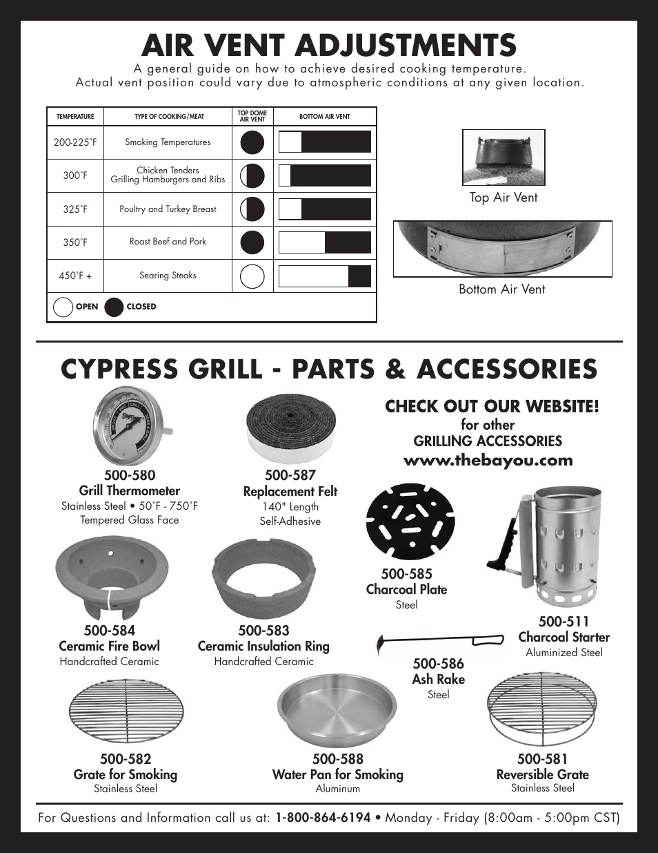 Air vent adjustments, Cypress grill - parts & accessories | Bayou Classic 500-535 User Manual | Page 12 / 12