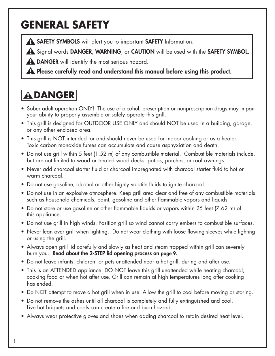 General safety, Danger | Bayou Classic 500-535 User Manual | Page 2 / 12