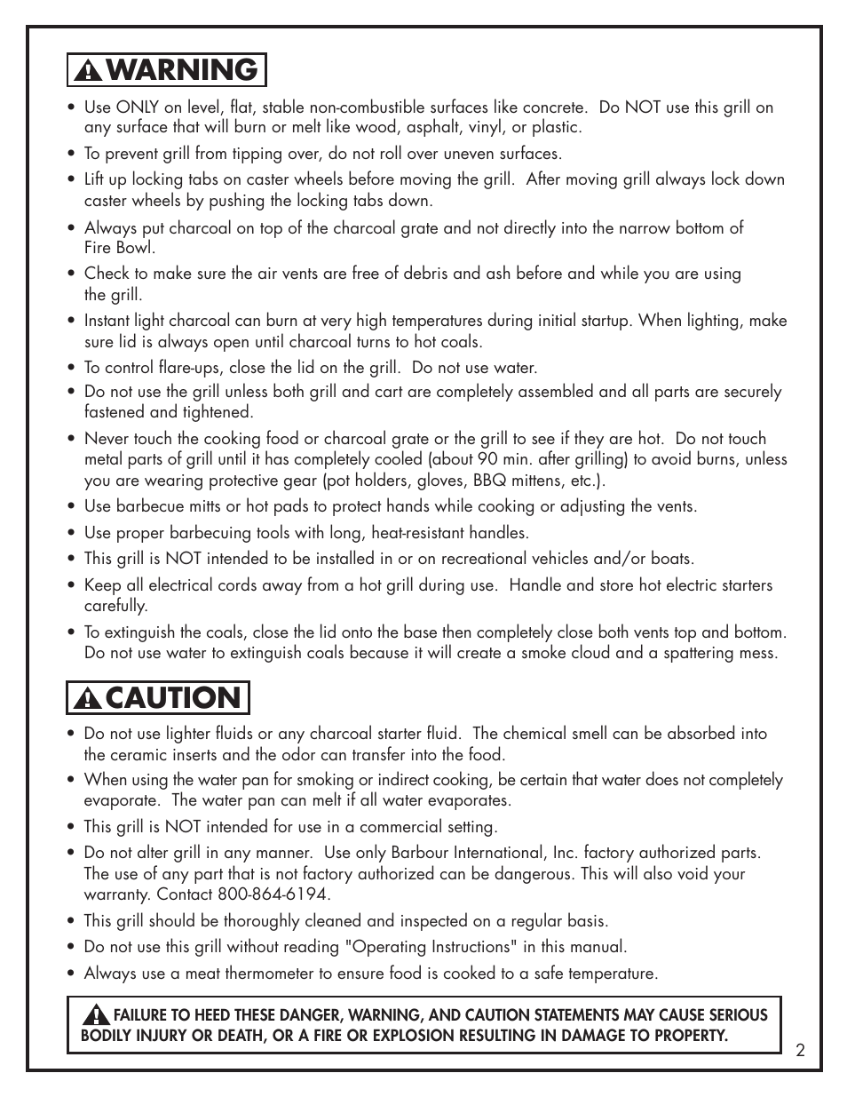 Caution, Warning | Bayou Classic 500-535 User Manual | Page 3 / 12