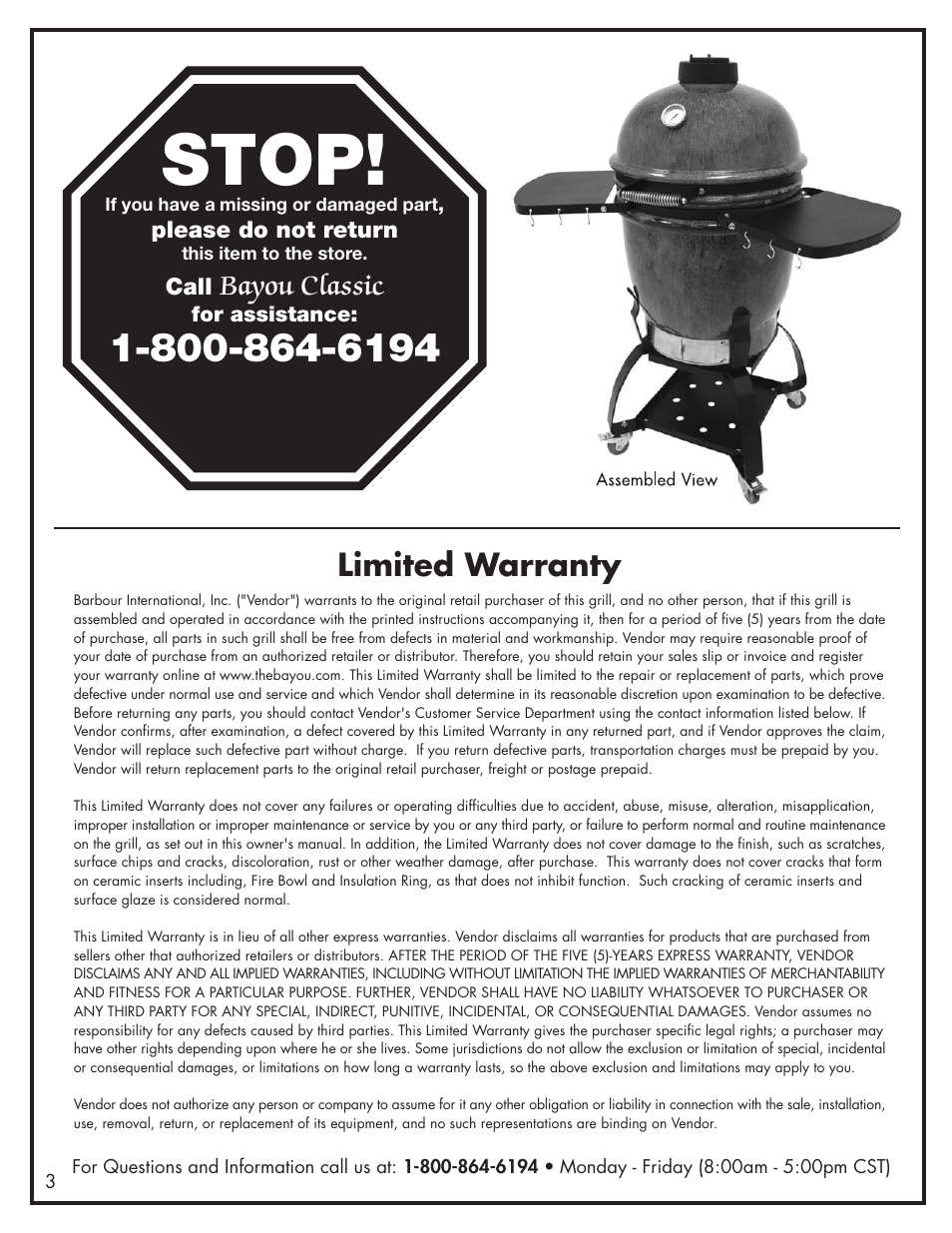 Stop, Limited warranty, Bayou classic | Bayou Classic 500-535 User Manual | Page 4 / 12