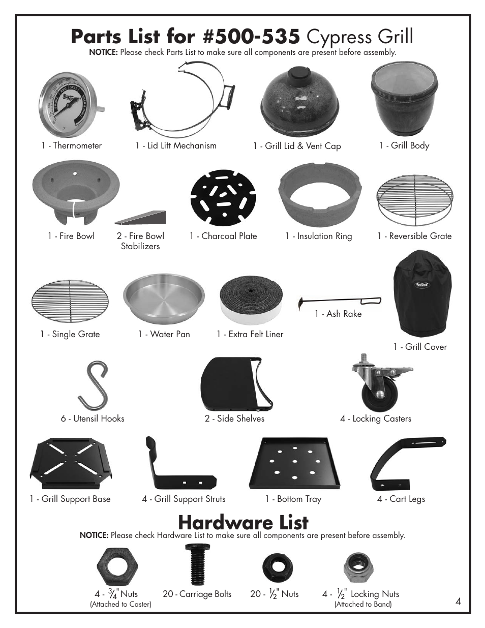 Hardware list | Bayou Classic 500-535 User Manual | Page 5 / 12