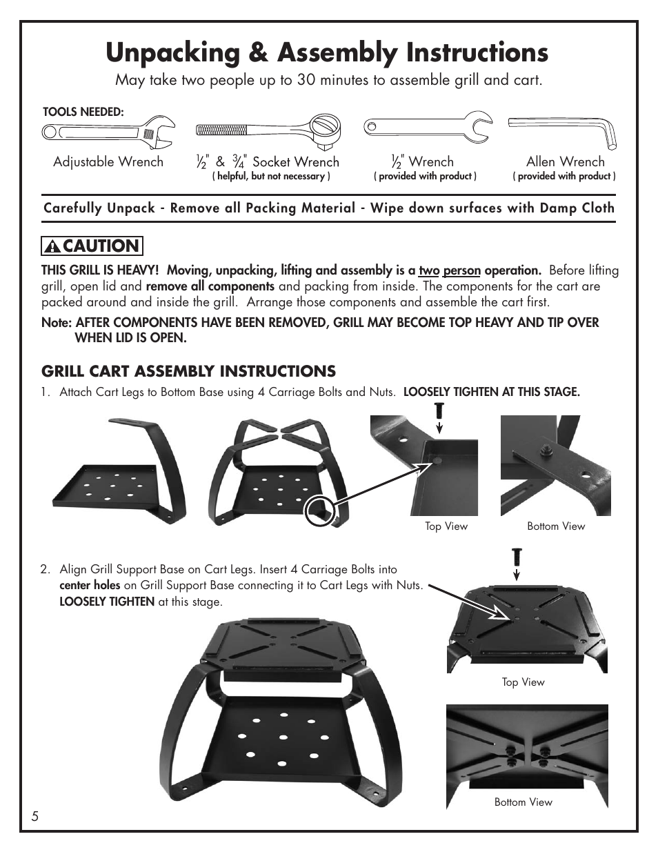 Unpacking & assembly instructions, Caution | Bayou Classic 500-535 User Manual | Page 6 / 12