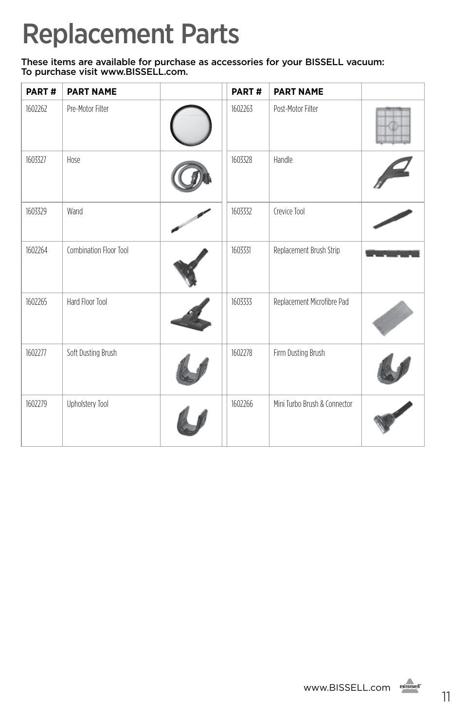 Replacement parts | Bissell 1229 User Manual | Page 11 / 12