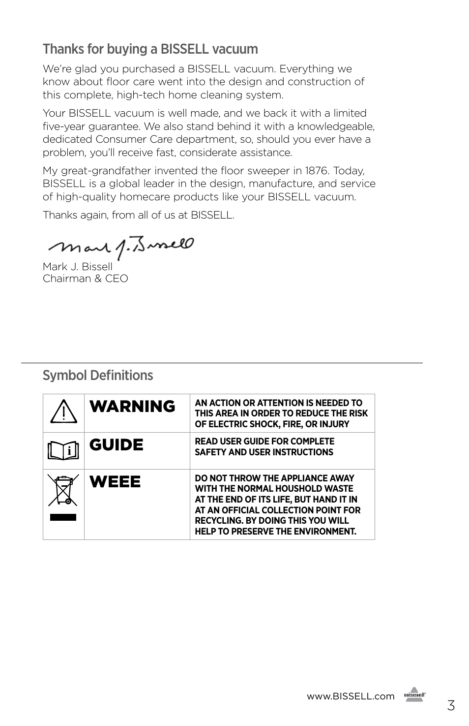 Warning, Guide, Weee | Symbol definitions | Bissell 1229 User Manual | Page 3 / 12