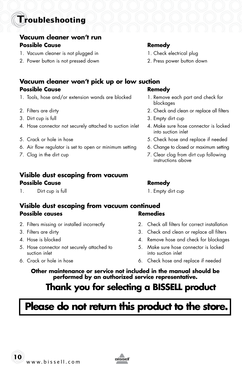 Please do not return this product to the store, Roubleshooting | Bissell 4490e User Manual | Page 10 / 28