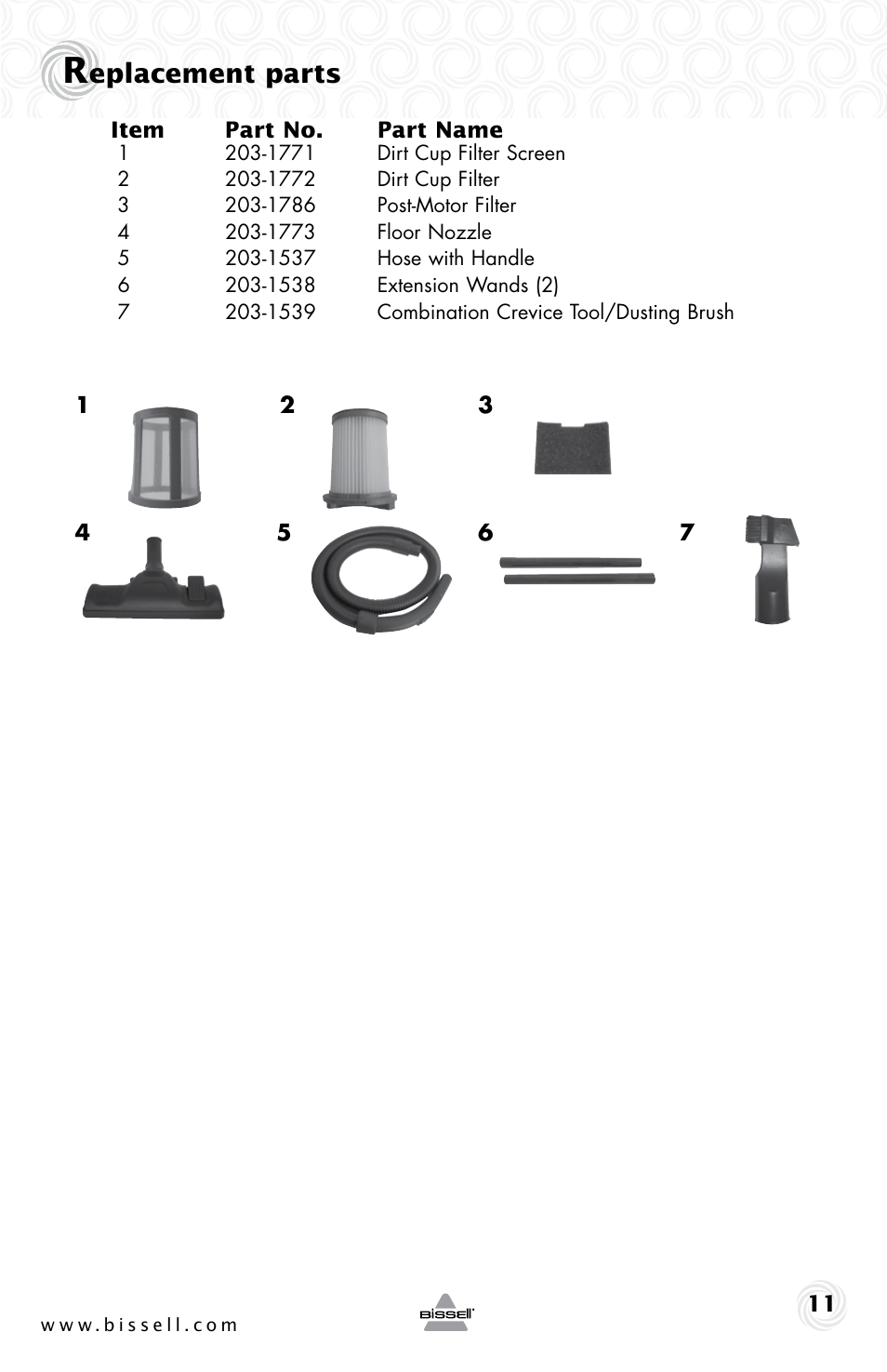 Eplacement parts | Bissell 4490e User Manual | Page 11 / 28