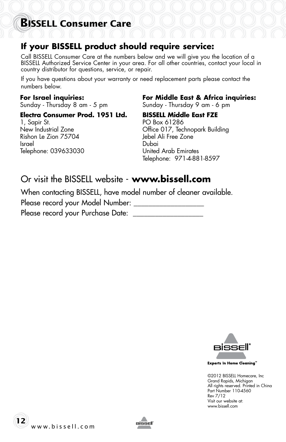 Issell consumer care, If your bissell product should require service | Bissell 4490e User Manual | Page 12 / 28