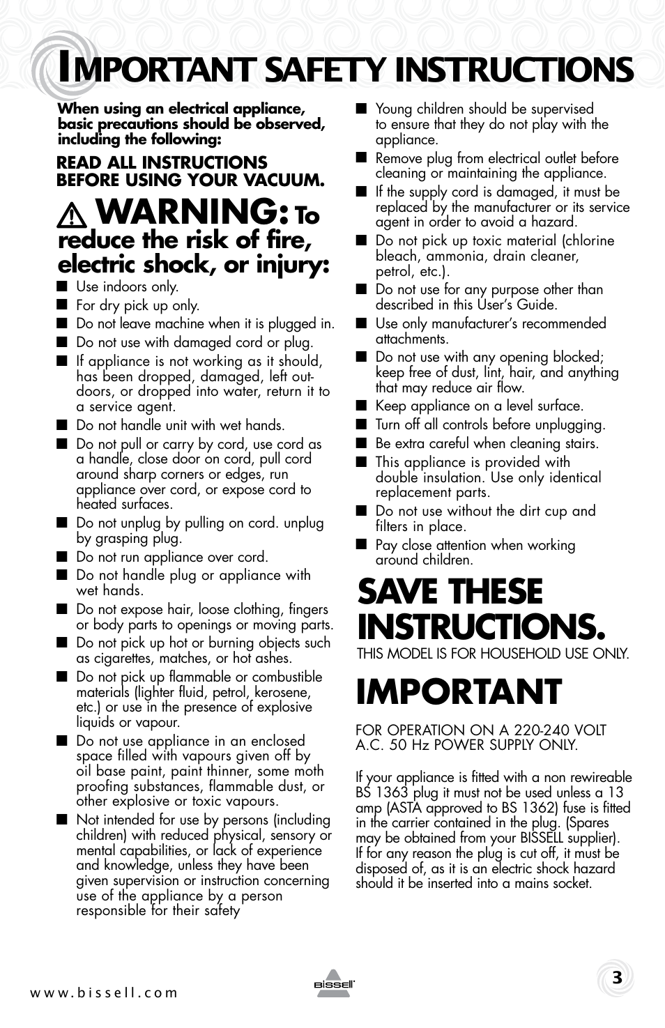 Warning, Save these instructions, Important | Mportant safety instructions | Bissell 4490e User Manual | Page 3 / 28