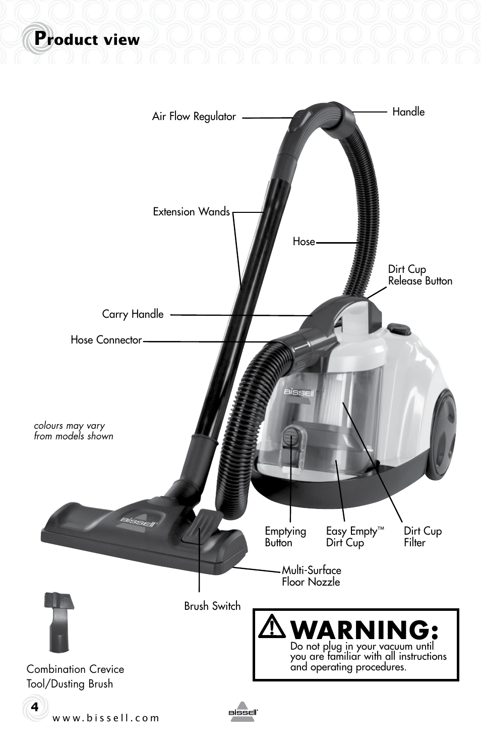 Warning, Roduct view | Bissell 4490e User Manual | Page 4 / 28