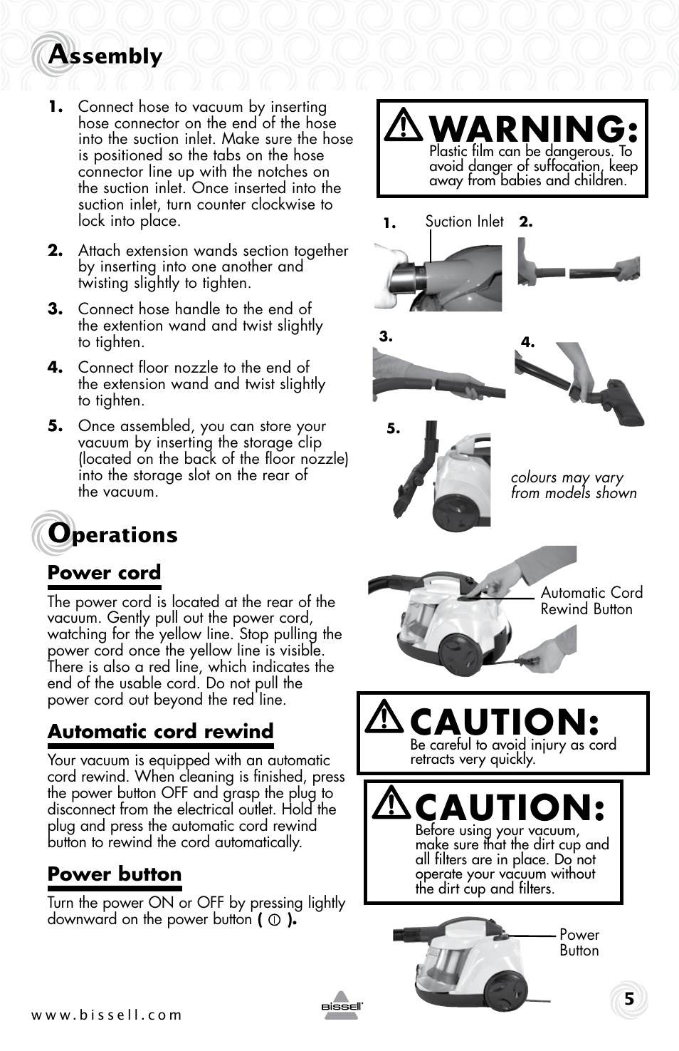 Warning, Caution, Ssembly | Perations | Bissell 4490e User Manual | Page 5 / 28