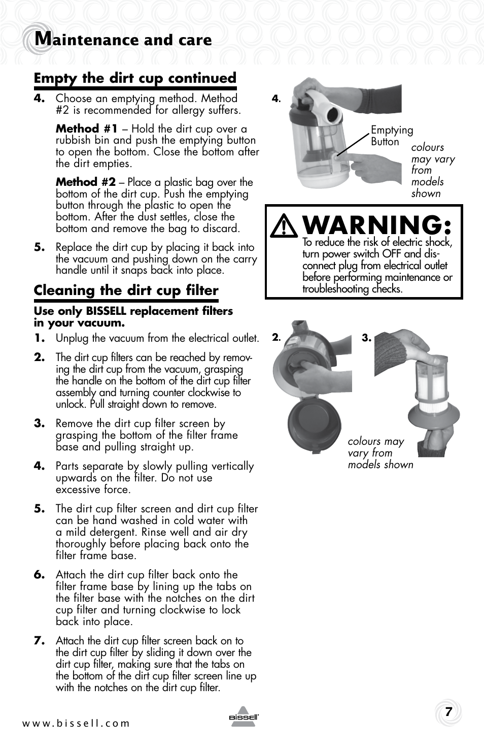 Warning, Aintenance and care, Empty the dirt cup continued | Cleaning the dirt cup filter | Bissell 4490e User Manual | Page 7 / 28