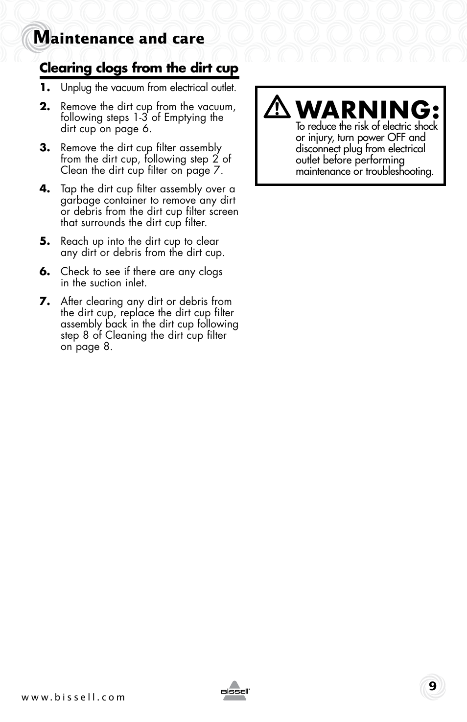 Warning, Aintenance and care | Bissell 4490e User Manual | Page 9 / 28