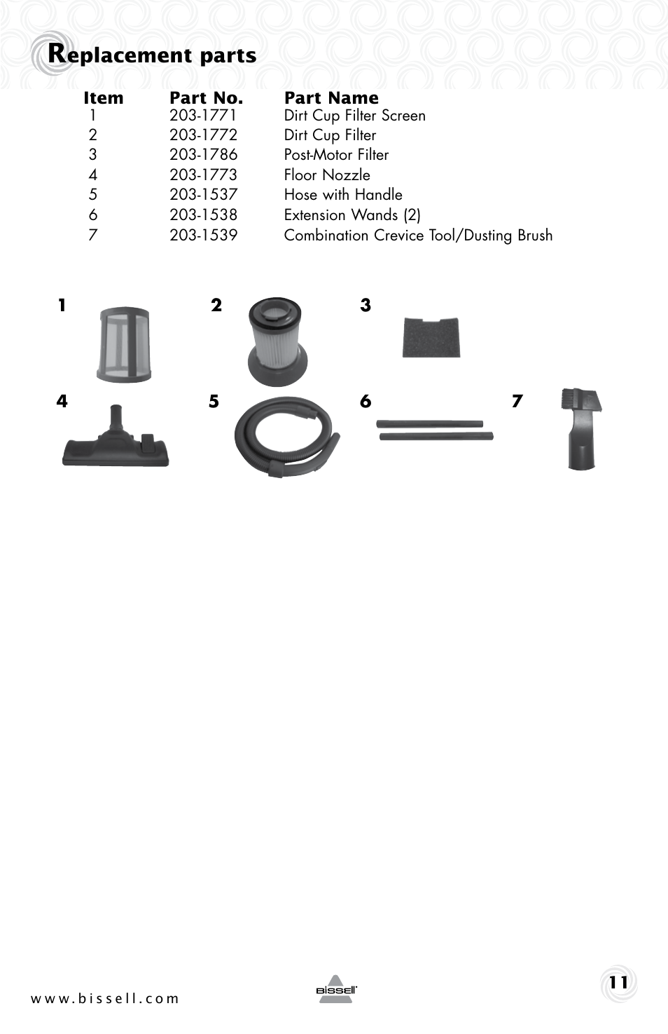 Eplacement parts | Bissell 1273e User Manual | Page 11 / 12