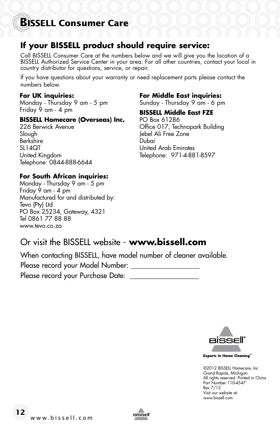 Issell consumer care, If your bissell product should require service | Bissell 1273e User Manual | Page 12 / 12