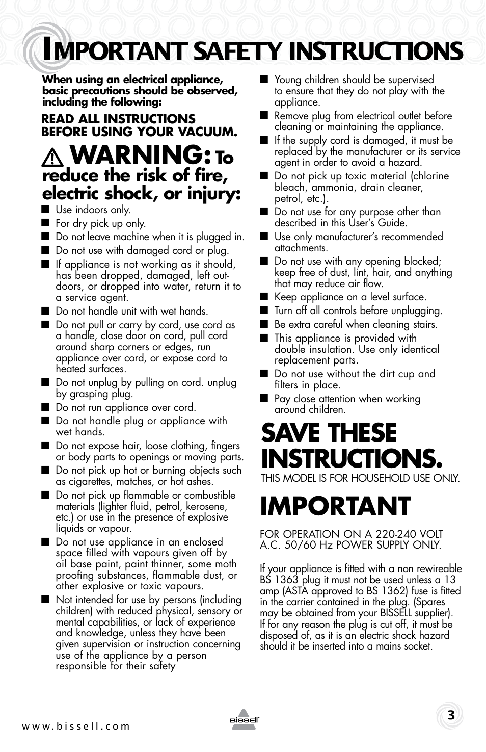 Warning, Save these instructions, Important | Mportant safety instructions | Bissell 1273e User Manual | Page 3 / 12