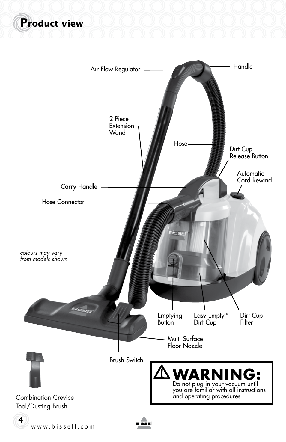Warning, Roduct view | Bissell 1273e User Manual | Page 4 / 12